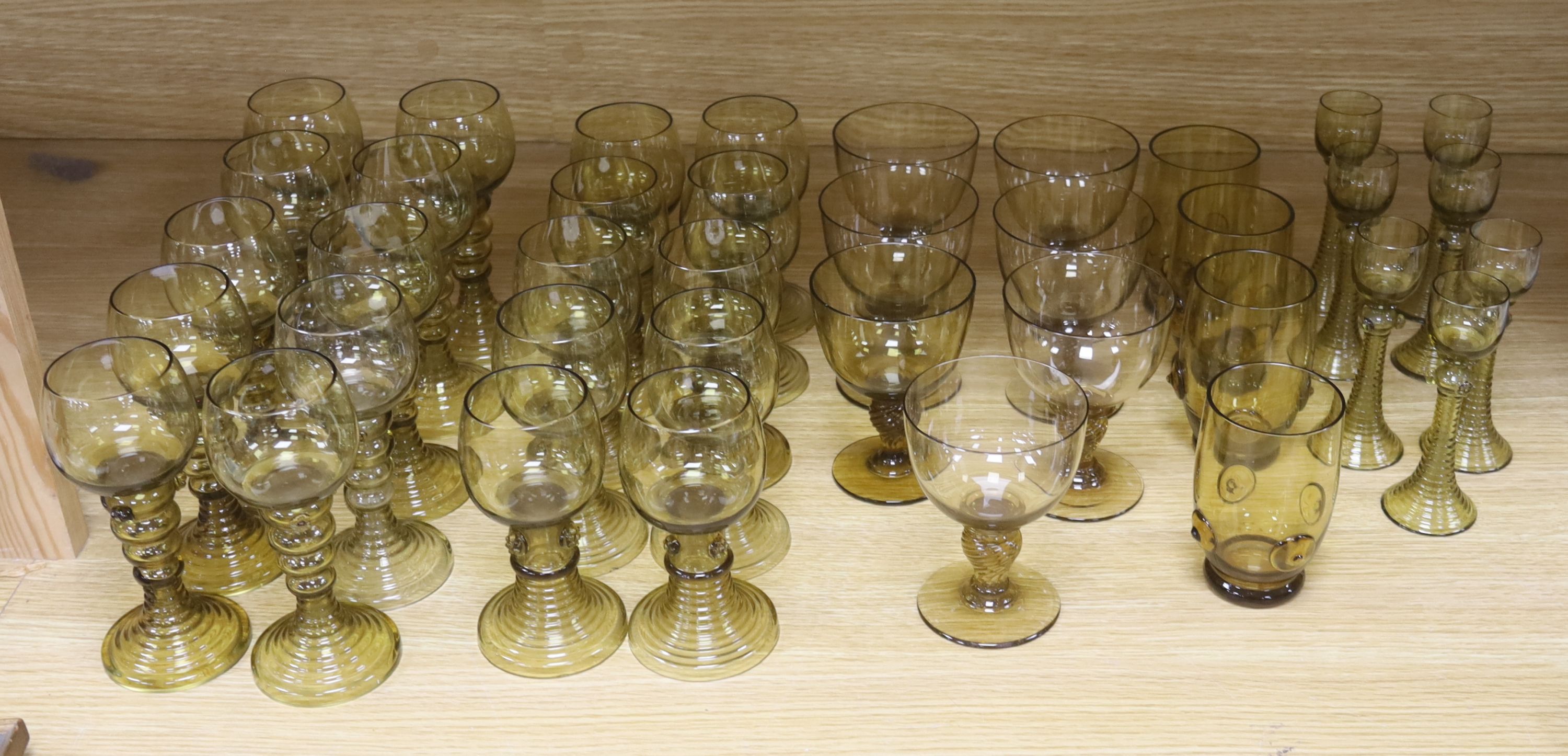 A large collection of roemer and humpen type drinking glasses